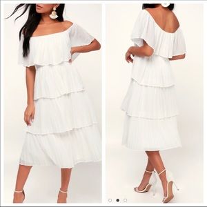 White tiered off the shoulder midi dress